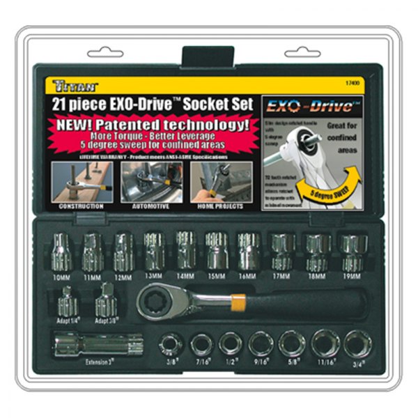 Titan Tools® - Exo-Drive™ Mixed Drive Size SAE/Metric Ratchet and Socket Set, 21 Pieces