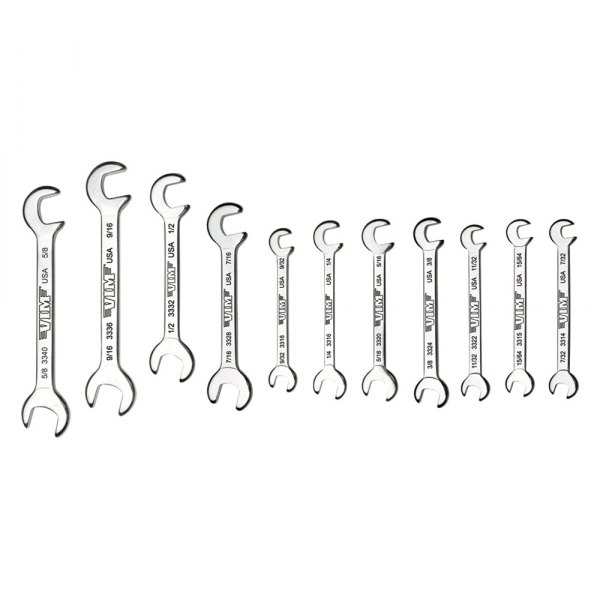 VIM Tools® - 11-piece 7/32" to 5/8" Rounded 80° Angled Head Double Open End Wrench Set